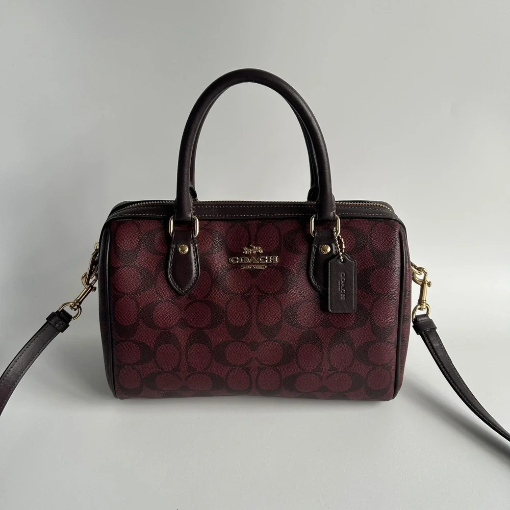 Coach Rowan Satchel Burgundy Signature Canvas Leather Bag Excellent - Picture 1 of 10
